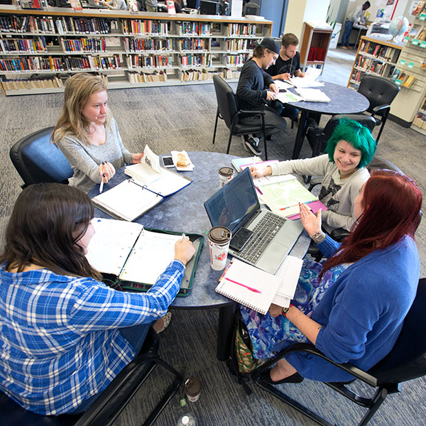 A group of four students sit around a table in the Reg Erhardt Library.
