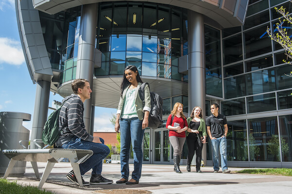 A group of students sitting outside and talking